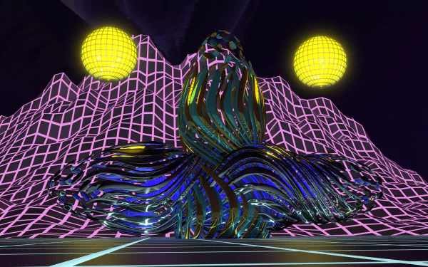 Retro dark 3D CGI art featuring a glossy twisted ribbon shape, neon grid mountains, and glowing yellow spheres, rendered in Blender for an HD PC desktop wallpaper.