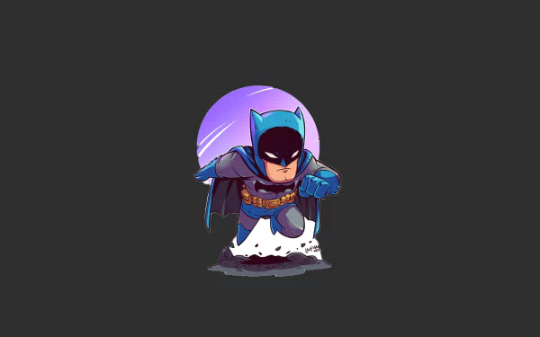 HD minimalist Batman desktop wallpaper featuring a chibi-style Batman from DC Comics against a dark background. This comic-inspired design makes a striking and playful background.