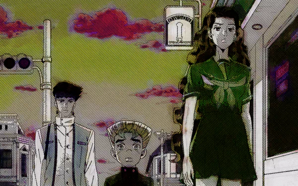 HD anime desktop wallpaper featuring Rohan Kishibe, Koichi Hirose, and Yukako Yamagishi from Jojo's Bizarre Adventure, set against a moody, colorful sky background.
