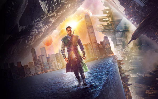 Chiwetel Ejiofor as Baron Mordo in a Doctor Strange 8K Ultra HD movie wallpaper, featuring a surreal cityscape with mystical and cosmic elements.