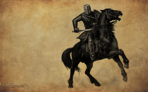 HD PC desktop wallpaper and background from the video game Mount & Blade: armored medieval knight riding a rearing black horse on an aged parchment-style backdrop.