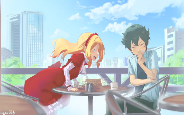 Anime characters Elf Yamada and Izumi Miyamura from EroManga-Sensei share a joyful moment at an outdoor cafe, set against a clear blue sky and cityscape in this HD desktop wallpaper.