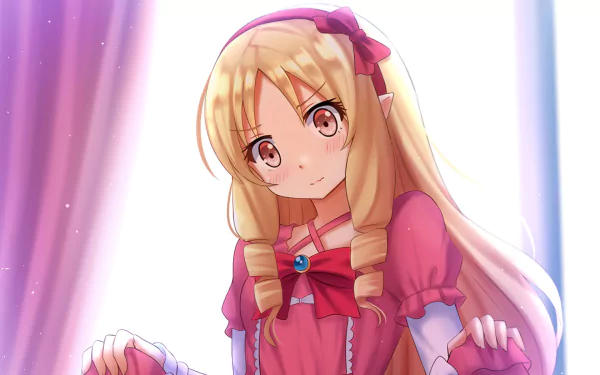 HD anime desktop wallpaper featuring Elf Yamada from EroManga-Sensei, showcasing her blonde hair, red eyes, and pink outfit with a charming expression.