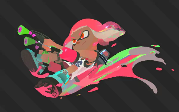 HD desktop wallpaper of an Inkling from Splatoon 2, a video game. The Inkling is action-ready, wielding a Splattershot, surrounded by vibrant ink splashes against a dark, striped background.