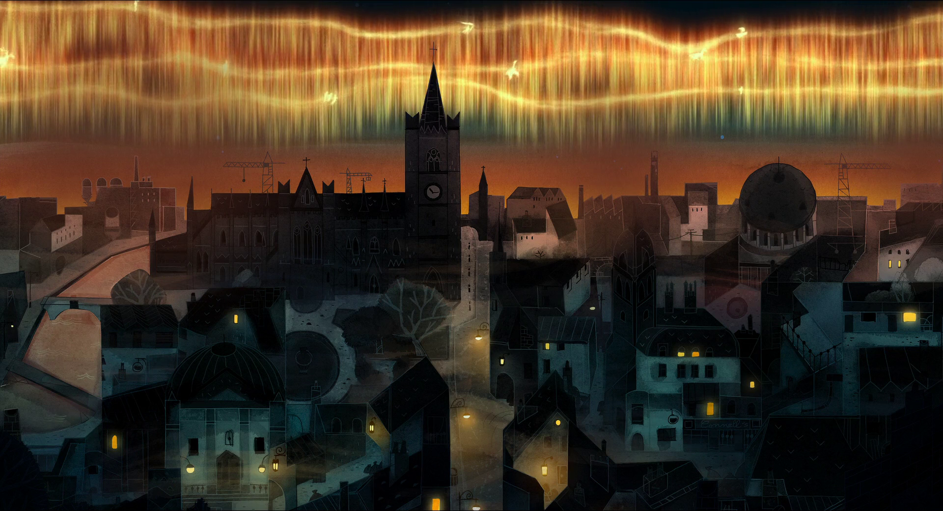 HD desktop wallpaper of a dark, silhouetted cityscape under a glowing aurora, inspired by the movie Song of the Sea.