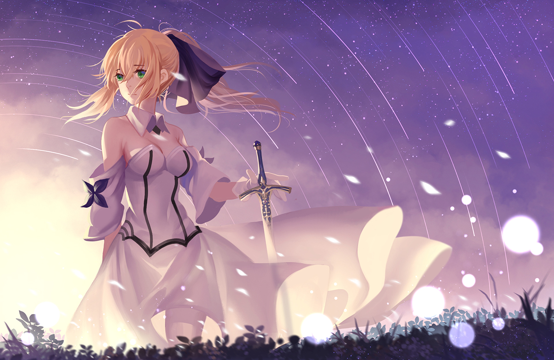 HD desktop wallpaper featuring Saber Lily from the Fate Series in a serene night scene, holding a sword. The background portrays a purple starry sky with glowing ethereal lights and floral elements in the foreground.