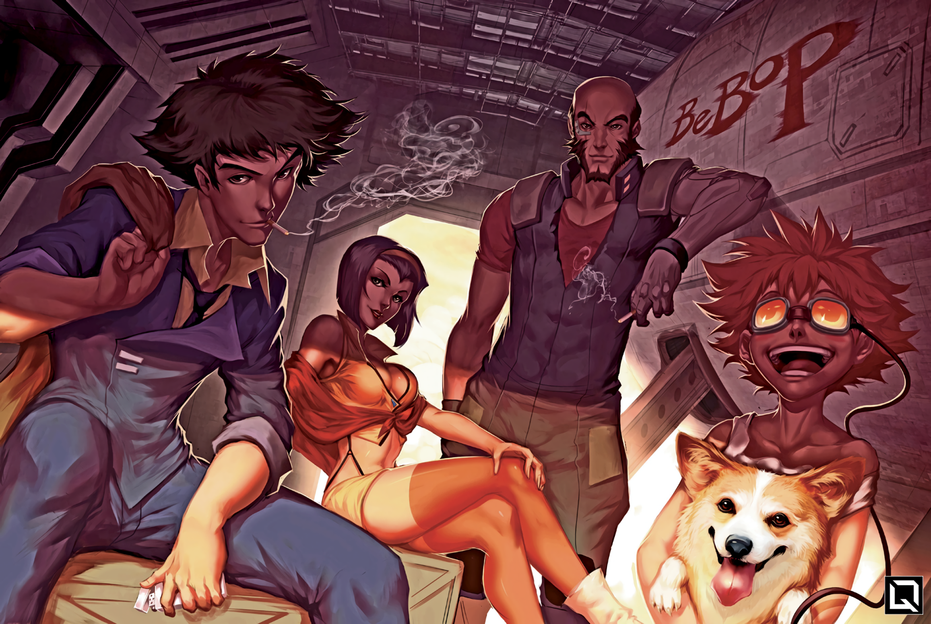 HD wallpaper of the Cowboy Bebop anime featuring characters Spike Spiegel, Jet Black, Faye Valentine, Edward, and Ein the corgi, in a vibrant and detailed scene.