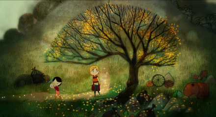 HD desktop wallpaper from the movie Song of the Sea depicts two children walking on a glowing path beneath a large autumn tree.