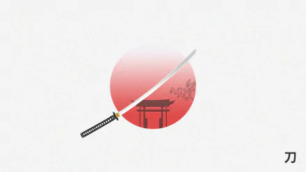 Artistic minimalist HD desktop wallpaper featuring a katana overlaid on a circle resembling the Japanese flag, with a silhouette of a torii gate and cherry blossoms in the background.