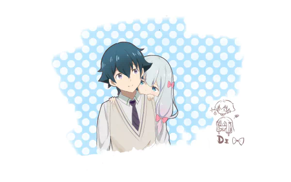 HD PC desktop wallpaper featuring Masamune Izumi and Sagiri Izumi from the anime EroManga-Sensei with a light blue polka dot background.