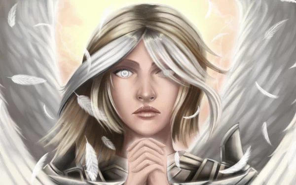 HD desktop wallpaper featuring a fantasy angel with wings, light-colored hair, and piercing eyes, surrounded by floating feathers. The background glows with a soft, ethereal light.