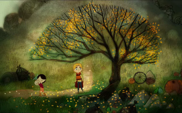 HD desktop wallpaper from the movie Song of the Sea depicts two children walking on a glowing path beneath a large autumn tree.