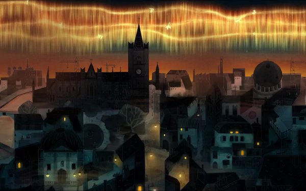 HD desktop wallpaper of a dark, silhouetted cityscape under a glowing aurora, inspired by the movie Song of the Sea.