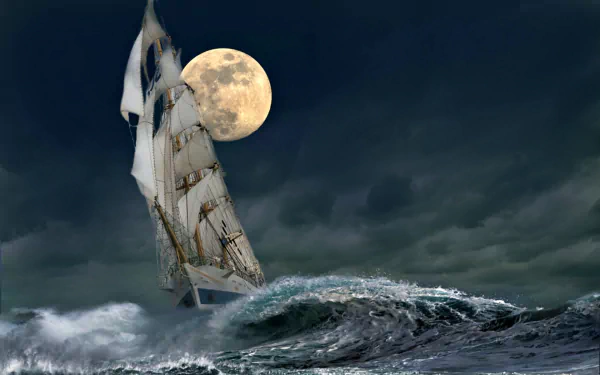 Sailboat navigating ocean waves at night under a bright full moon, captured in a dramatic HD desktop wallpaper scene.