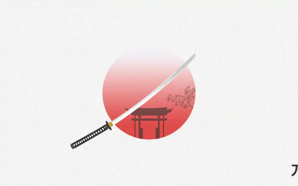 Artistic minimalist HD desktop wallpaper featuring a katana overlaid on a circle resembling the Japanese flag, with a silhouette of a torii gate and cherry blossoms in the background.
