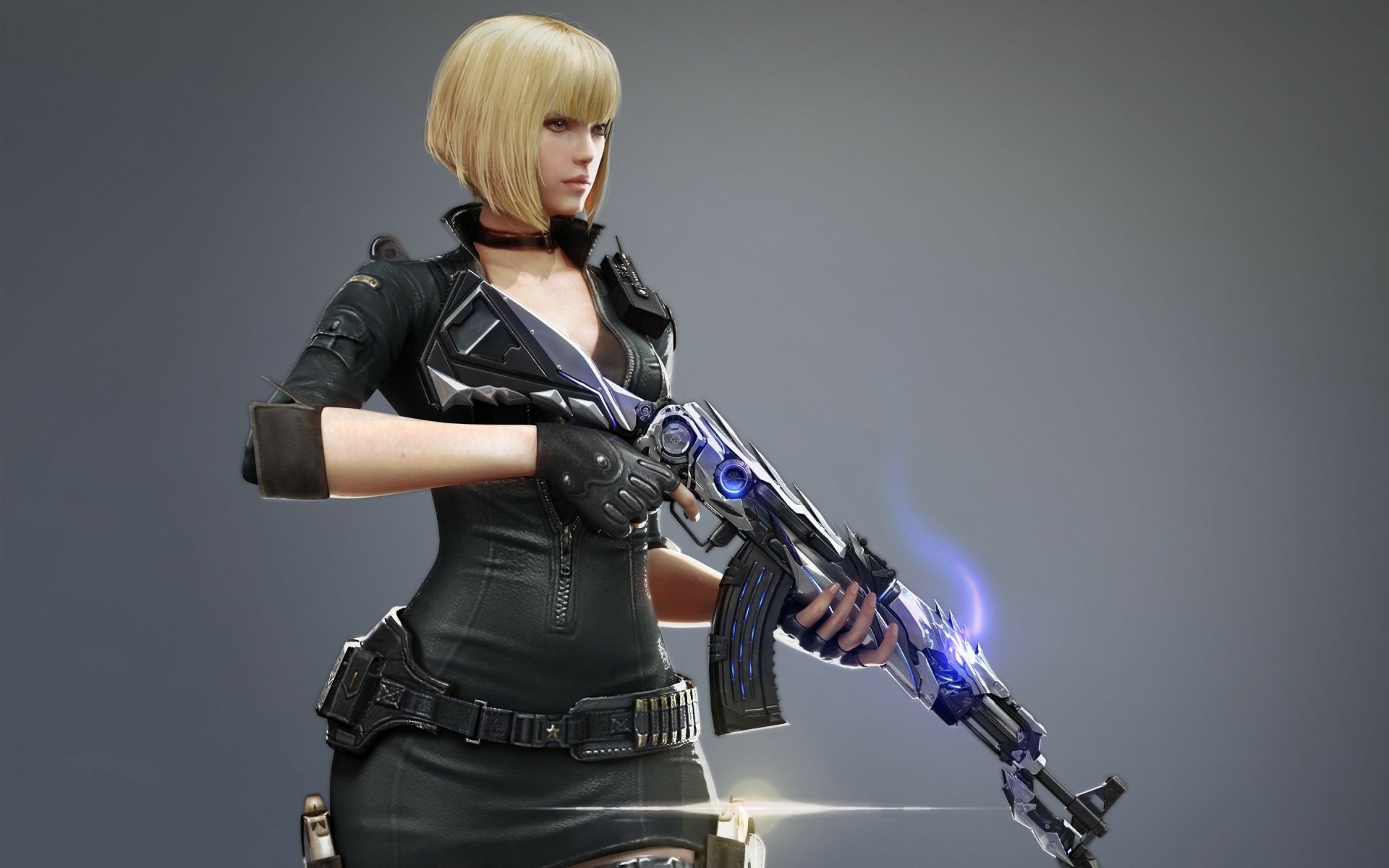 HD desktop wallpaper featuring a blonde woman warrior with short hair holding an AK-47, from the video game CrossFire. She wears tactical gear and poses confidently against a gray background.