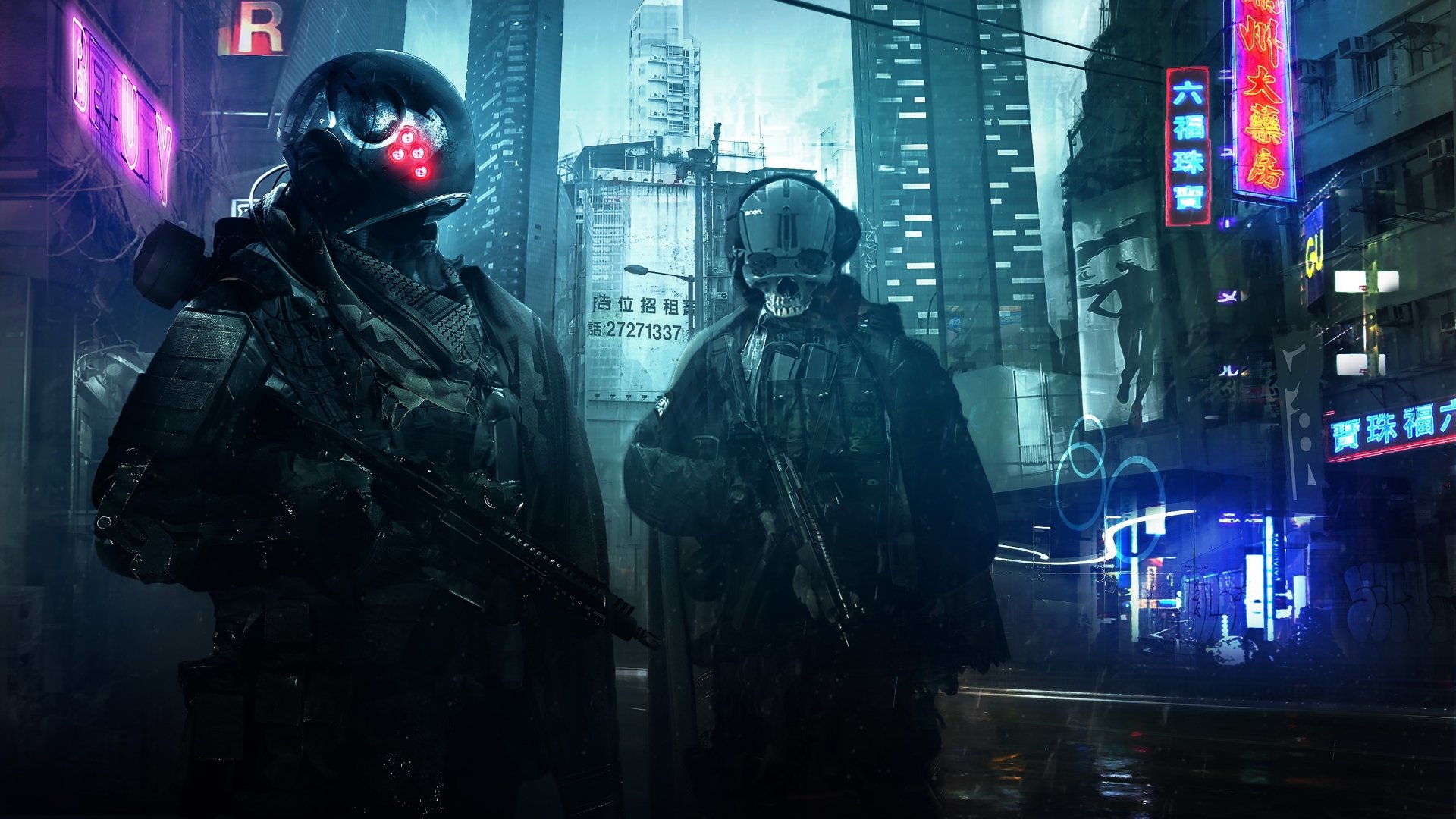 Two futuristic soldiers armed with weapons stand in a neon-lit sci-fi city. HD desktop wallpaper.