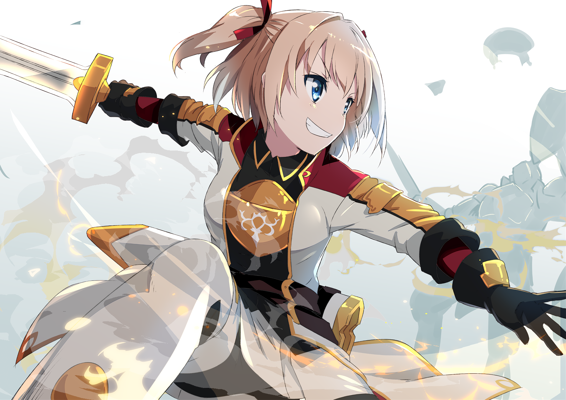 HD anime wallpaper featuring an original character in a dynamic pose, wielding a sword with a determined expression and vibrant background.