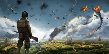 HD wallpaper of Steel Division: Normandy 44, featuring a soldier watching a dramatic sky filled with exploding aircraft and parachutes.