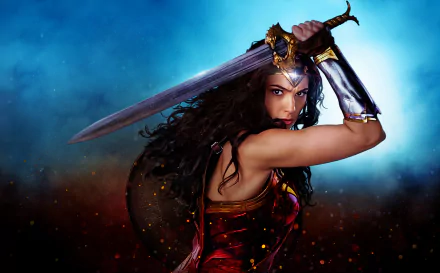 HD desktop wallpaper featuring Gal Gadot as Wonder Woman, holding a sword with a fierce expression against a vibrant, colorful background.