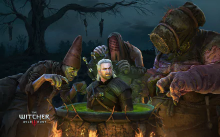 HD desktop wallpaper featuring Geralt of Rivia surrounded by the Crones from The Witcher 3: Wild Hunt video game, with a dark, eerie forest background.