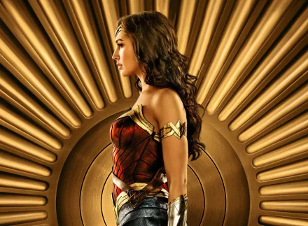 HD desktop wallpaper of Gal Gadot as Wonder Woman, featuring her in costume and posing in front of a golden, radiant background.