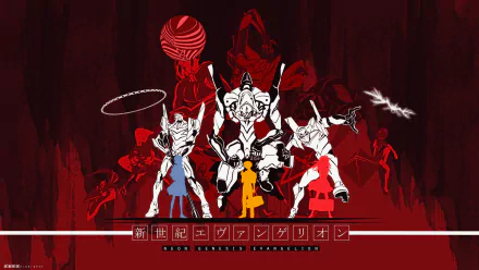 HD anime desktop wallpaper featuring Shinji Ikari, Asuka Langley Sohryu, and Rei Ayanami with Evangelion Units-01, 02, and 00. Background from Neon Genesis Evangelion.