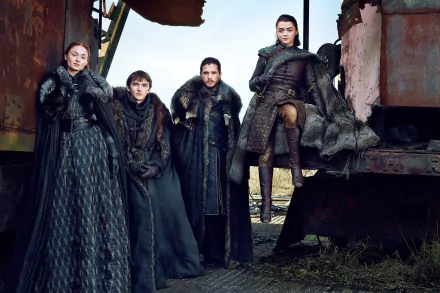HD desktop wallpaper featuring Isaac Hempstead-Wright, Sophie Turner, Maisie Williams, and Kit Harington as their characters Bran Stark, Sansa Stark, Arya Stark, and Jon Snow from the TV show Game of Thrones.