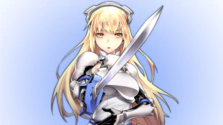 Aiz Wallenstein from the anime Is It Wrong to Try to Pick Up Girls in a Dungeon?, sword raised, long blond hair and white armor on a blue HD PC desktop wallpaper background.