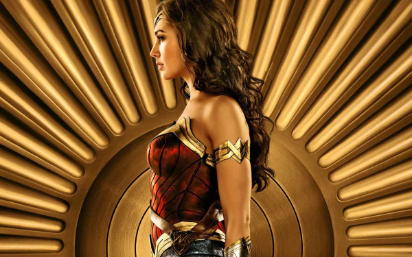 HD desktop wallpaper of Gal Gadot as Wonder Woman, featuring her in costume and posing in front of a golden, radiant background.