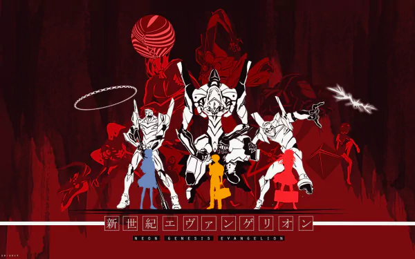 HD anime desktop wallpaper featuring Shinji Ikari, Asuka Langley Sohryu, and Rei Ayanami with Evangelion Units-01, 02, and 00. Background from Neon Genesis Evangelion.