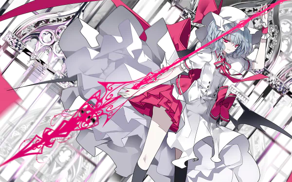 HD anime desktop wallpaper featuring Flandre Scarlet from Touhou, showcasing her dynamic pose with vivid red and white tones and intricate background details.