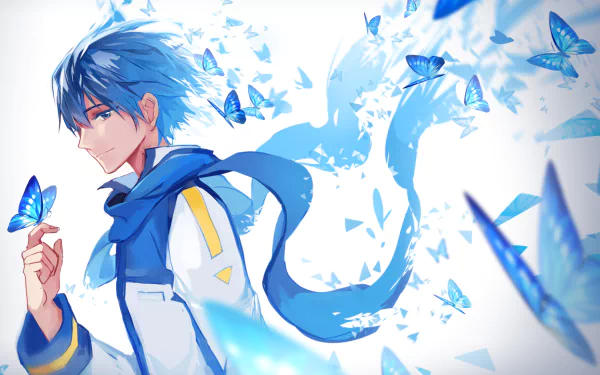 HD PC desktop wallpaper featuring Kaito from Vocaloid, depicted in anime style surrounded by vibrant blue butterflies.