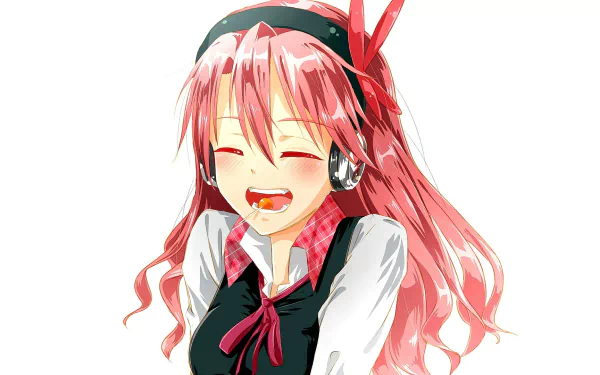 Anime HD desktop wallpaper of Chelsea from Akame ga Kill! with pink hair, wearing headphones, blushing and smiling.