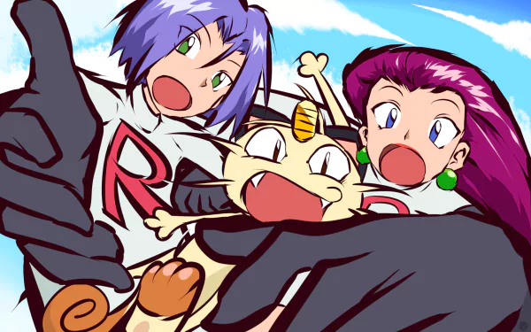 HD anime desktop wallpaper featuring Jessie, James, and Meowth from Pokémon in a dynamic, colorful close-up pose.
