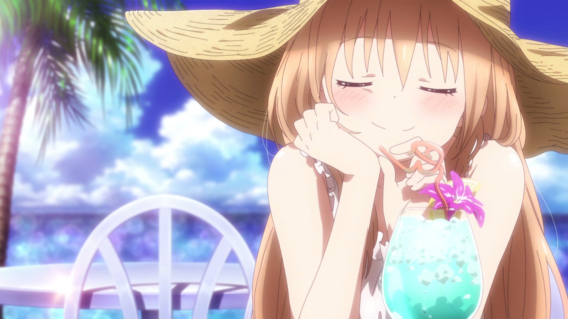 HD desktop wallpaper of Umaru Doma from Himouto! Umaru-chan, relaxing outdoors in a straw hat, sipping a drink with a flower garnish, with a bright and clear sky in the background.