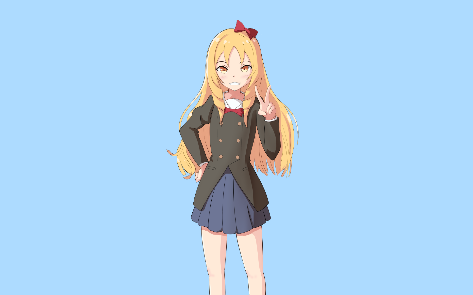 HD PC desktop wallpaper featuring Elf Yamada from the anime EroManga-Sensei, depicted with long blonde hair, a black school uniform, and a playful pose against a blue background.