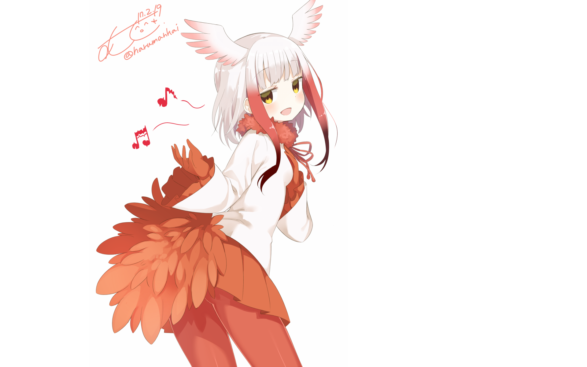 HD anime wallpaper featuring Crested Ibis from Kemono Friends, showcasing the character with white hair and red feathered accents in a dynamic pose.