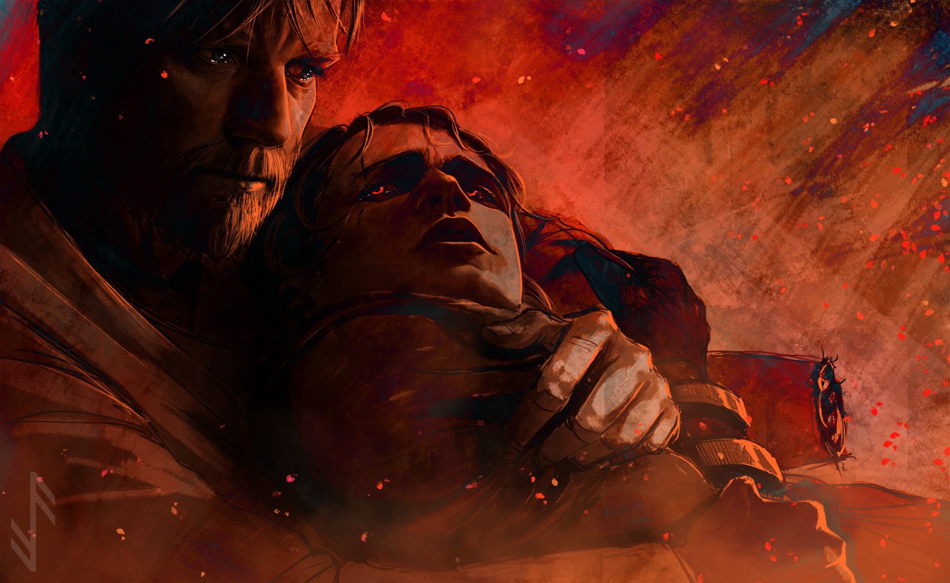HD Star Wars desktop wallpaper featuring Obi-Wan Kenobi holding Anakin Skywalker amid fiery, dramatic sci-fi tones.