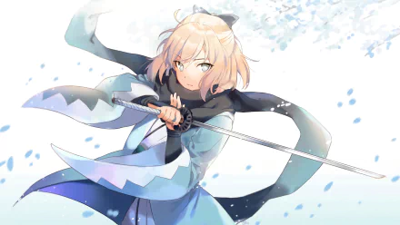 HD wallpaper featuring Sakura Saber, also known as Okita Souji, from the anime Fate/KOHA-ACE, depicted in a dynamic pose wielding a sword amidst falling petals.
