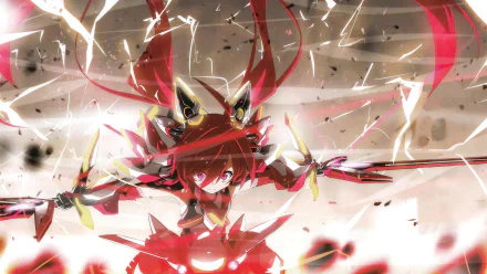 HD anime wallpaper from Gonna be the Twin-Tail!! featuring a dynamic character in red armor wielding twin swords amid an intense battle scene.