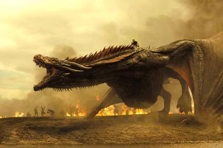 HD wallpaper featuring Drogon, a dragon from Game of Thrones, with Daenerys Targaryen (Emilia Clarke) riding on its back. A fierce battle scene unfolds in the background with fires and soldiers.