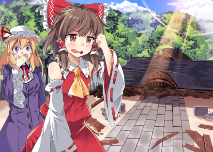 HD anime desktop wallpaper featuring Maribel Hearn and Reimu Hakurei from Touhou, set against a vibrant shrine backdrop with lush greenery and sunlight.
