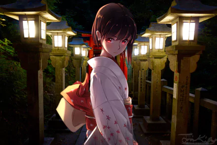 HD anime original artwork of a girl in a traditional white and red kimono, standing among illuminated stone lanterns at night, designed as a PC desktop wallpaper.