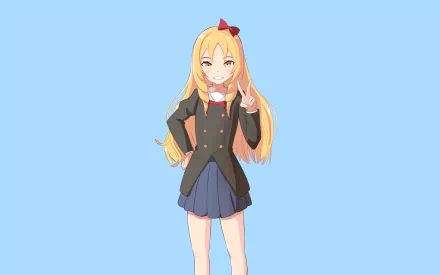 HD PC desktop wallpaper featuring Elf Yamada from the anime EroManga-Sensei, depicted with long blonde hair, a black school uniform, and a playful pose against a blue background.
