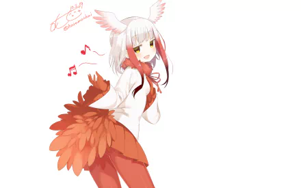 HD anime wallpaper featuring Crested Ibis from Kemono Friends, showcasing the character with white hair and red feathered accents in a dynamic pose.