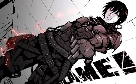 HD desktop wallpaper featuring a character from Blame! in a dynamic action pose with a dark and gritty aesthetic.