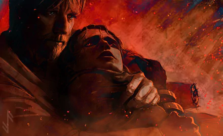 HD Star Wars desktop wallpaper featuring Obi-Wan Kenobi holding Anakin Skywalker amid fiery, dramatic sci-fi tones.