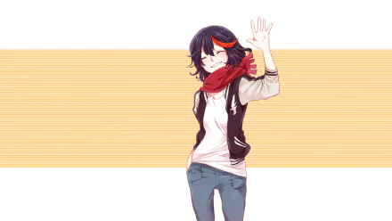 HD desktop wallpaper of Ryūko Matoi from the anime Kill La Kill, featuring her in casual attire and waving with a confident expression against a simple, striped background.