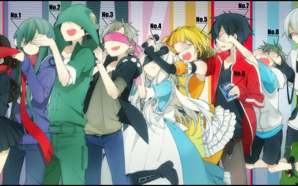 HD desktop wallpaper featuring Ayano Tateyama, Kousuke Seto, Marry Kozakura, Konoha, Shintaro Kisaragi, Momo Kisaragi, Tsubomi Kido, Shuuya Kano, Takane Ene Enomoto, and Hibiya Amamiya from Kagerou Project.